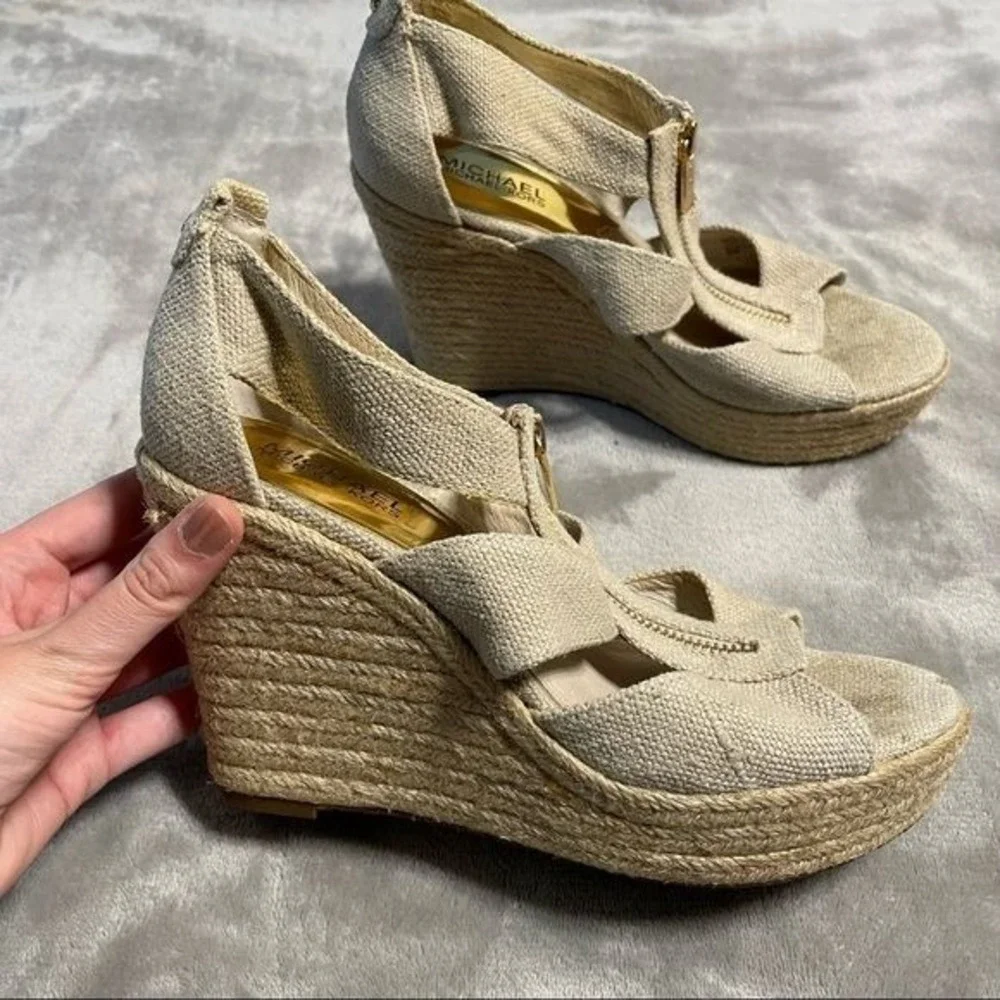 Michael Kors Espadrille Platform Wedge Sandals 8.5 Beige Women Canvas Jute Zip